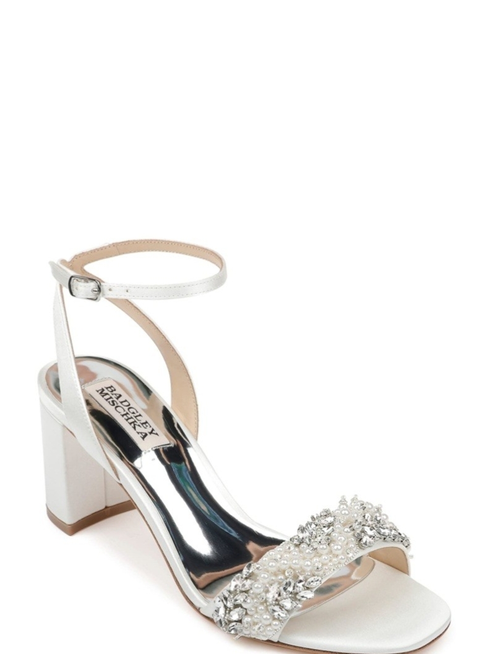 Badgley Mischka White Pearl & Crystal Block Heel Sandal